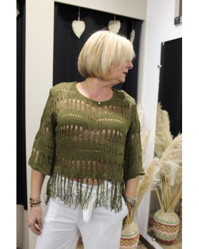 Pull crochet à franges kaki