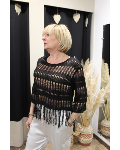 Pull crochet à franges noir