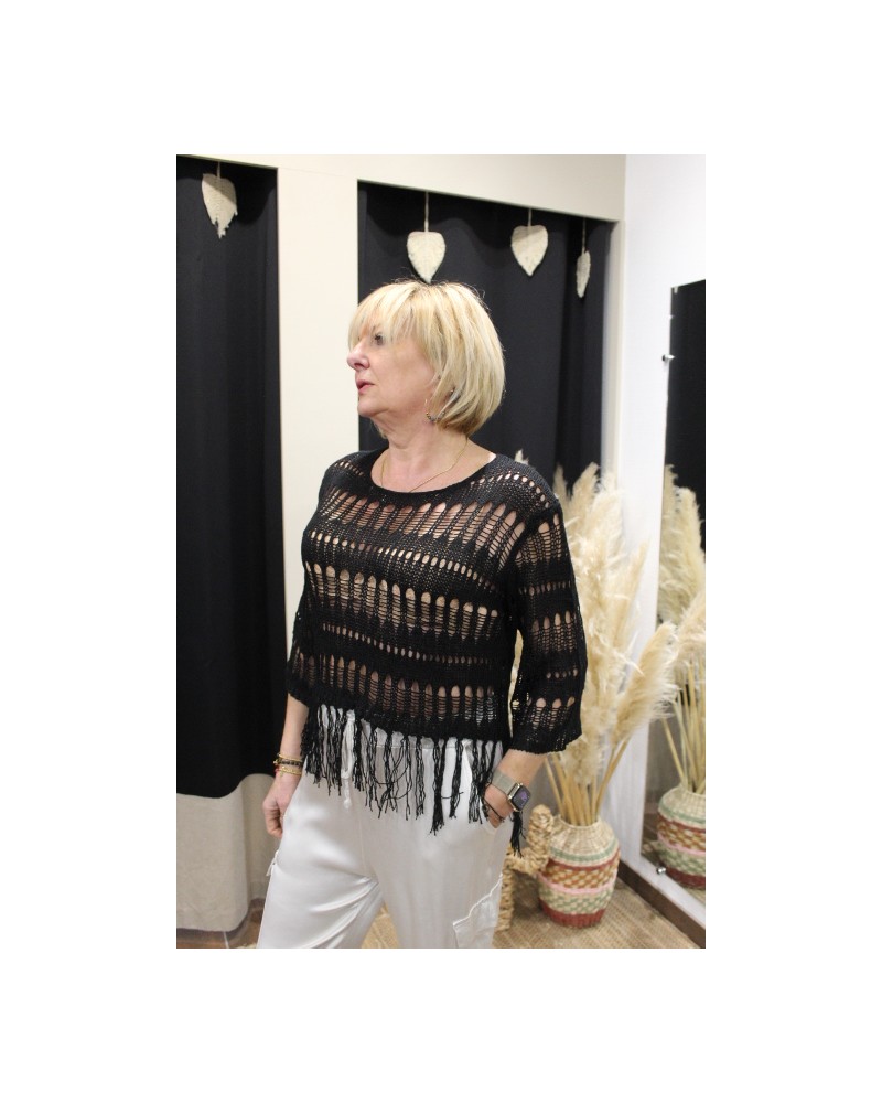 Pull crochet à franges noir