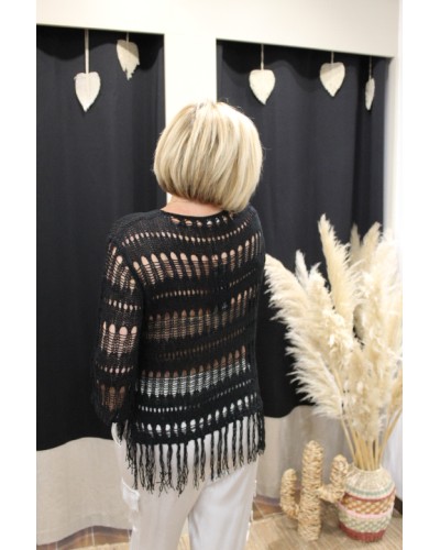 Pull crochet à franges noir dos